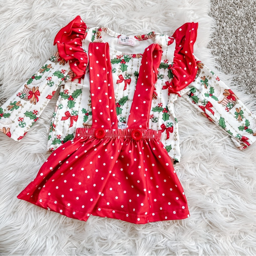 Pete + Lucy Christmas Polka Dot Suspender Skirt Set 6-12M